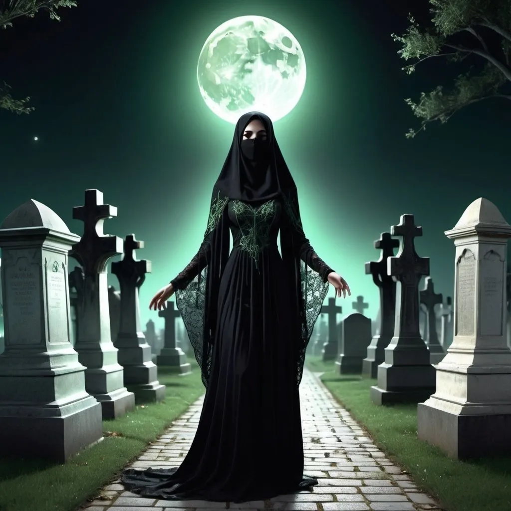 Prompt: A beautiful woman is walking in the middle of a cemetery, she's offering her hand, she's looking like a ghost,she has the head veiled with a black veil, shining bright, dressed in black with symmetrical designs and arabesques, adorned with pale green lights, fullmoon night scenario,masterpiece, highly detailed, 3d modelling, 4k resolution, abstract art, digital art, photographic