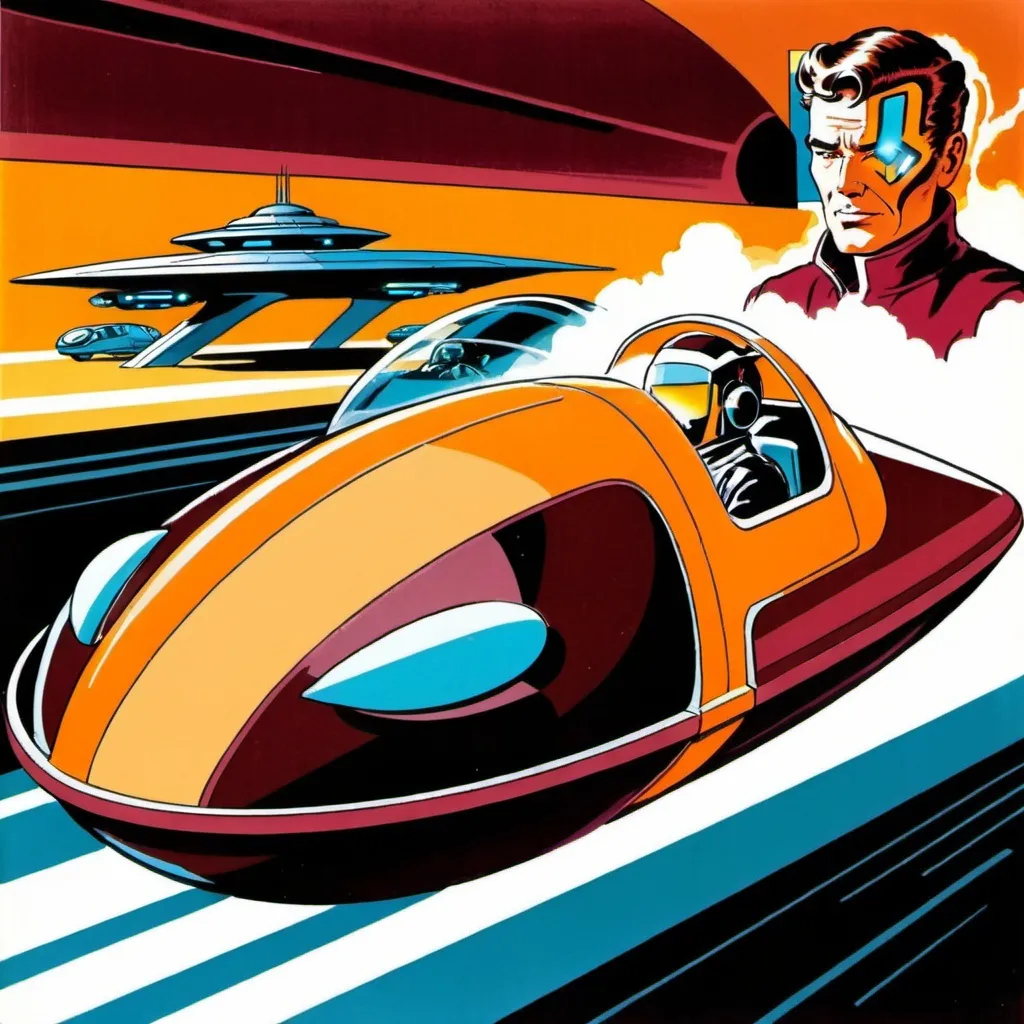 Prompt: Silk screen comic book illustration, a man dressed in amber and maroon who is driving a futuristic hovercar,science fiction background, 1960s retro futurism