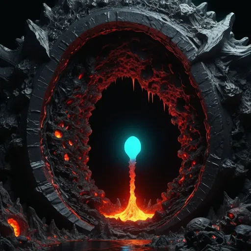 Prompt: A huge deep abyss made of black stone, incandescent magma, phosphorescent radioactive mineral, gates to hell, it ends in the bottom with a living organic obscurity, abysssanctum, procreation of the wicked, synthetic grotesque,highly detailed, 4k resolution, masterpiece, 3d modelling,digital art,Druillet art