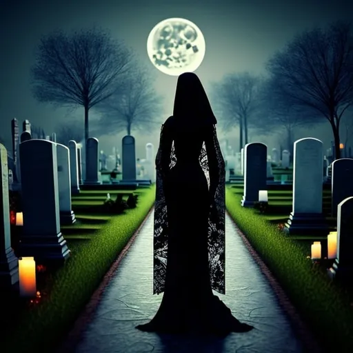 Prompt: A beautiful woman is walking in the middle of a cemetery, she's offering her hand, she's looking like a ghost,she has the head veiled with a black veil, shining bright, dressed in black with symmetrical designs and arabesques, adorned with pale green lights, fullmoon night scenario,masterpiece, highly detailed, 3d modelling, 4k resolution, abstract art, digital art, photographic