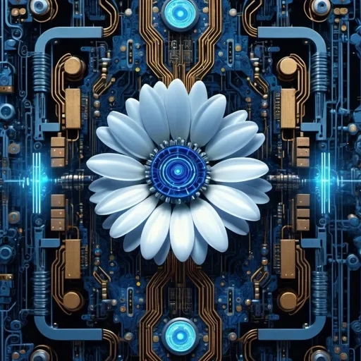 Prompt: A robotic flower is growing on a tapestry of circuits, relentless,blue energy aura,pure, supernatural,highly detailed, 4k resolution, masterpiece,futuristic factory scenario,digital art, Druillet art, 1980s 