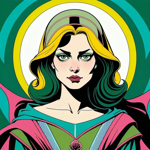 Prompt: A female human figure who personifying the Daughter of the Mighty ones, in emerald green, sky blue, early spring green and bright rose of cerise rayed pale yellow, dramatic, graphic novel illustration,  2d shaded retro comic book