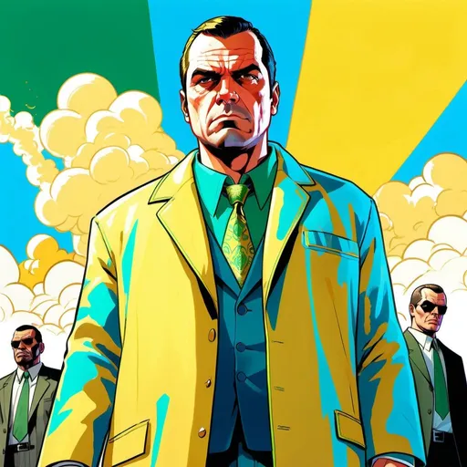Prompt: GTA V cover art, A male human figure who personifying the Spirit of the Aethyr, in bright pale yellow, sky blue, blue emerald green and emerald flecked gold, breaking the law, cartoon illustration