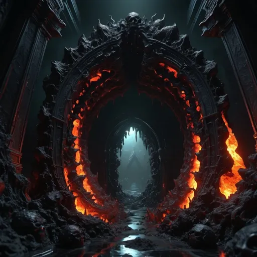 Prompt: A huge deep abyss made of black stone, incandescent magma, phosphorescent radioactive mineral, gates to hell, it ends in the bottom with a living organic obscurity, abysssanctum, procreation of the wicked, synthetic grotesque,highly detailed, 4k resolution, masterpiece, 3d modelling,digital art,gothic art