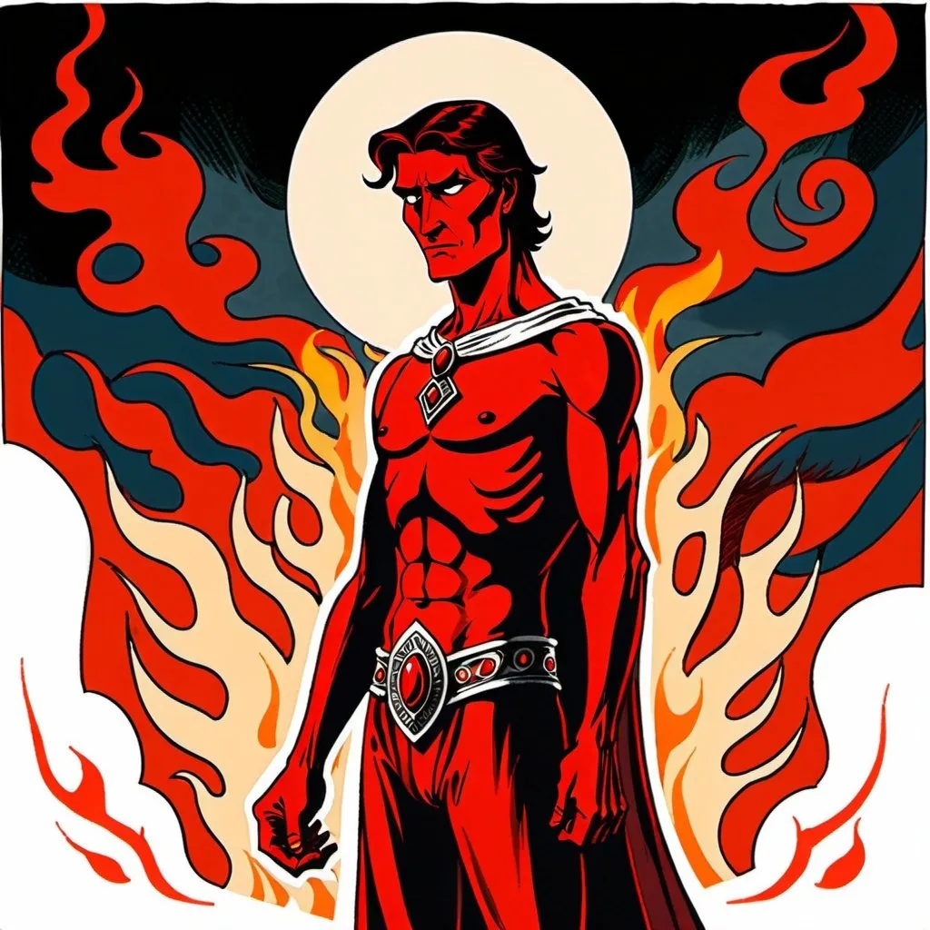 Prompt: A male human figure who personifying the Son of the Morning the Chief among the Mighties, in scarlet, red, brilliant flame and glowing red, dramatic, graphic novel illustration,  2d shaded retro comic book