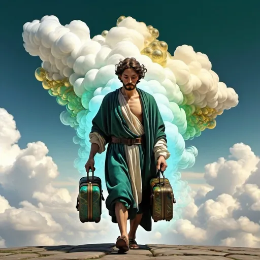 Prompt:  an intricate cloud system is shaping the figure of the spirit of the aethyr, a wanderer is walking with his luggage, male, scintillating intelligence,dominant  pale yellow, sky blue, blue emerald green and emerald flecked gold color tonality, fractal, brilliant colours, masterpiece, highly detailed, 4k resolution,  3d modelling, digital art, abstract art, Caravaggio art