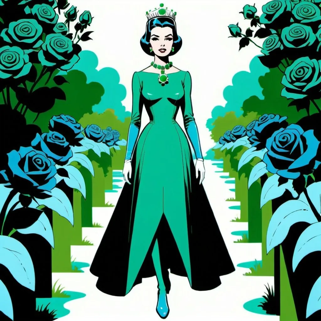 Prompt: Silk screen comic book illustration,A futuristic young and elegant empress dressed in emerald green and sky blue is walking among a garden of roses,1960s retro futurism