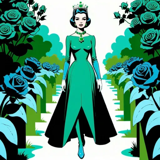 Prompt: Silk screen comic book illustration,A futuristic young and elegant empress dressed in emerald green and sky blue is walking among a garden of roses,1960s retro futurism