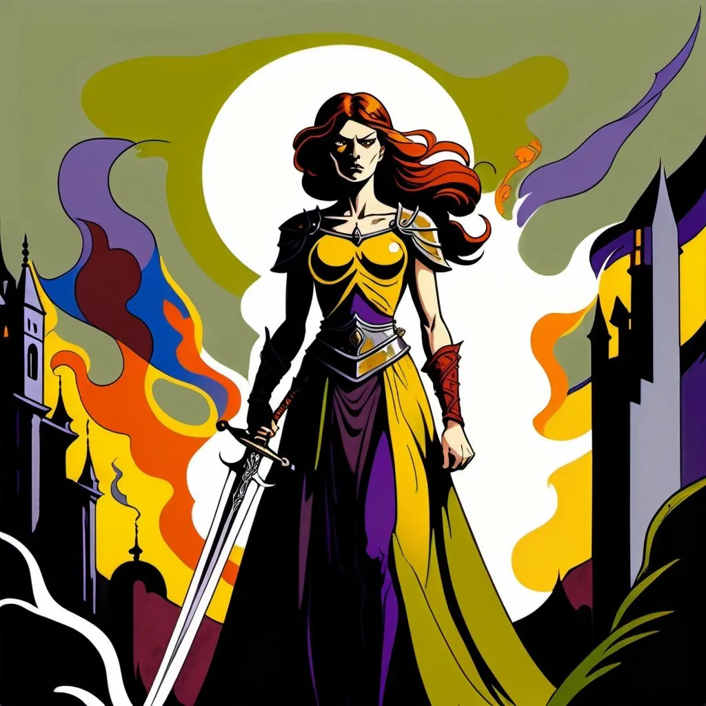 Prompt: A female human figure, who personifying the Daughter of the Flaming Sword, in yellow greenish, deep purple, grey and reddish amber, dramatic, graphic novel illustration,  2d shaded retro comic book 