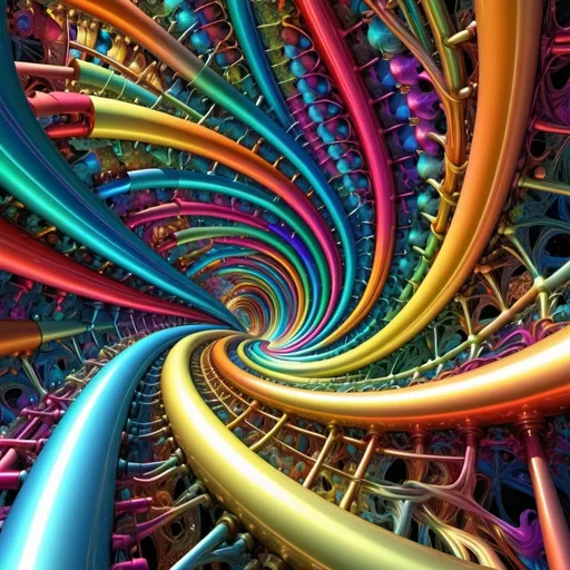 Prompt: A network of colured metallic tube is stretching up to the sky,999×√(9)+9^(2)×π, fractal, hyperdetailed, ultra high resolution, masterpiece, bright colours, digital art, abstract art.