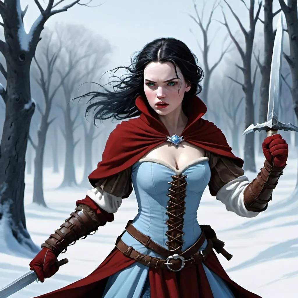 Prompt: A winter warrior is fighting, battles in the north,icy creature, warrior, command with power, snow white, dark red and pale blue ,female, sweet, three quarter wiew, digital art