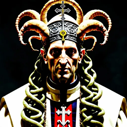 Prompt: A Gorgon, the Magus of the Eternal, the Pope