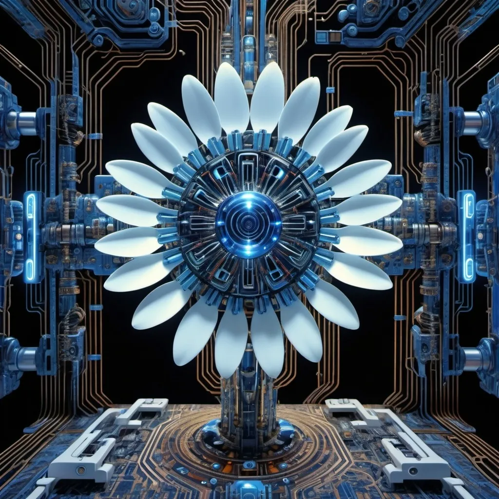 Prompt: A robotic flower is growing on a tapestry of circuits, relentless,blue energy aura,pure, supernatural,highly detailed, 4k resolution, masterpiece,futuristic factory scenario,digital art, Druillet art, 1980s 