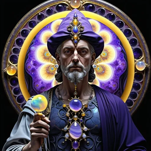 Prompt:  an intricate neural system made of agate and opal is shaping the figure of the Magus of Power, a mage is displaying his art with his tools, male, intelligence of transparency,dominant yellow, purple, gray and indigo rayed violet color tonality, fractal, brilliant colours, masterpiece, highly detailed, 4k resolution,  3d modelling, digital art, abstract art, Caravaggio art