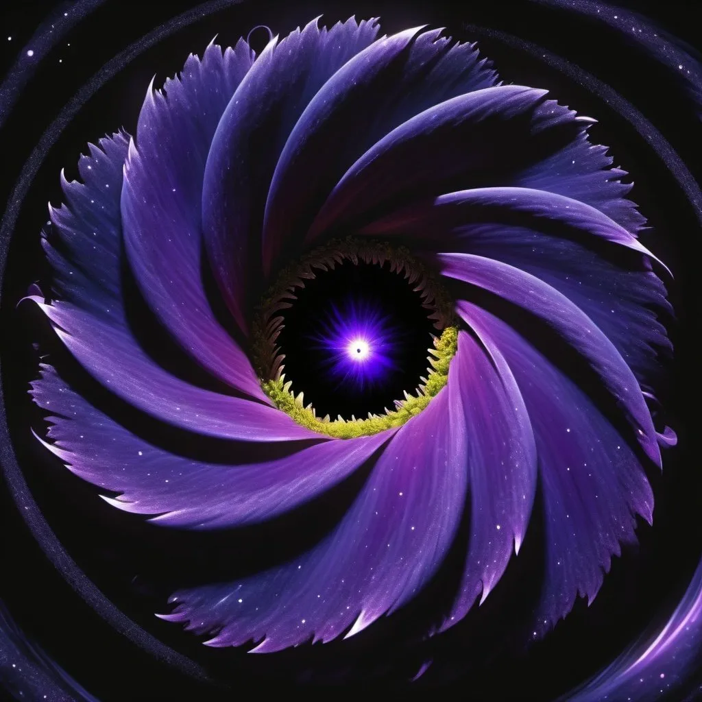 Prompt: A  flower is growing inside a black hole, relentless,purple and indigo energy aura,pure, supernatural,highly detailed, 4k resolution, masterpiece,warp space scenario,digital art, Druillet art, 1980s 