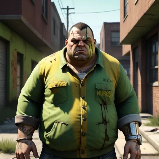 Prompt:  Nurgle as a young criminal from GTA V,displaying his own power.((corruption,entropy,decay,resilient, master of toxins)),((dark green,rusted brown, yellow greenish)),(( Full figure wiew)). ((Three quarter wiew)).((deep wiew)),modern suburbs scenario background,photographic,ultra high resolution,hyperdetailed, masterpiece, 3d modelling, digital art.