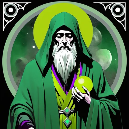 Prompt: The Hermit, dressed in green yellowish,state grey,green gray and plum colour, intelligence of will, the Prophet of Eternal, the Magus of the Voice of Power, Virgo, Caza art, digital art