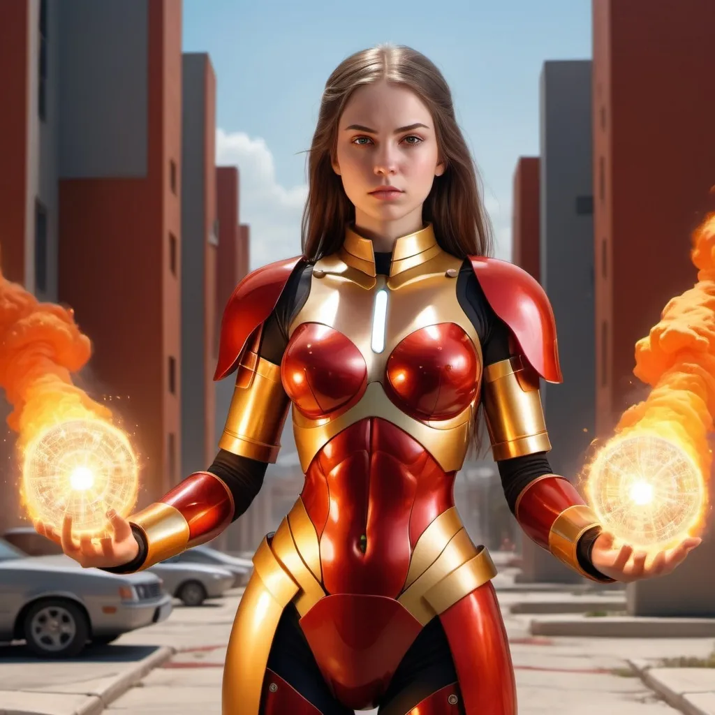 Prompt:  a young lady,displaying her own power.((order, law,control, holy,prime power,commander)),((red,gold,light yellow,fire orange)),(( Full figure wiew)). ((Three quarter wiew)),((deep wiew)),modern suburbs scenario background,photographic,ultra high resolution,hyperdetailed, masterpiece, 3d modelling, digital art.