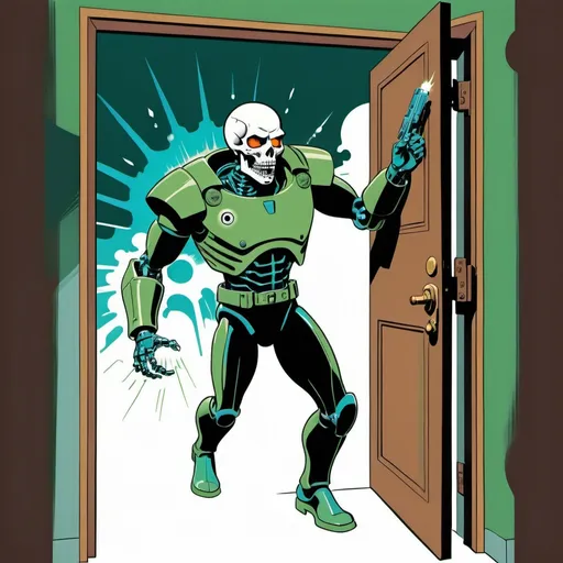 Prompt: Silk screen comic book illustration, A cyborg with a skull head is coming out from a door and firing with an energy weapon, dressed in green blue and dull brown, 1960s retro futurism