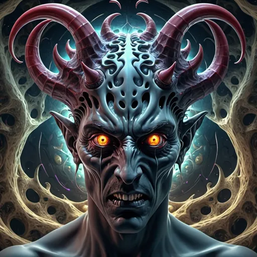 Prompt: A  demon is submmiting humans, infected,predatorial eyes, devourer, highly detailed, 4k resolution, masterpiece,fractal background, warp space background, Dalí art,digital art