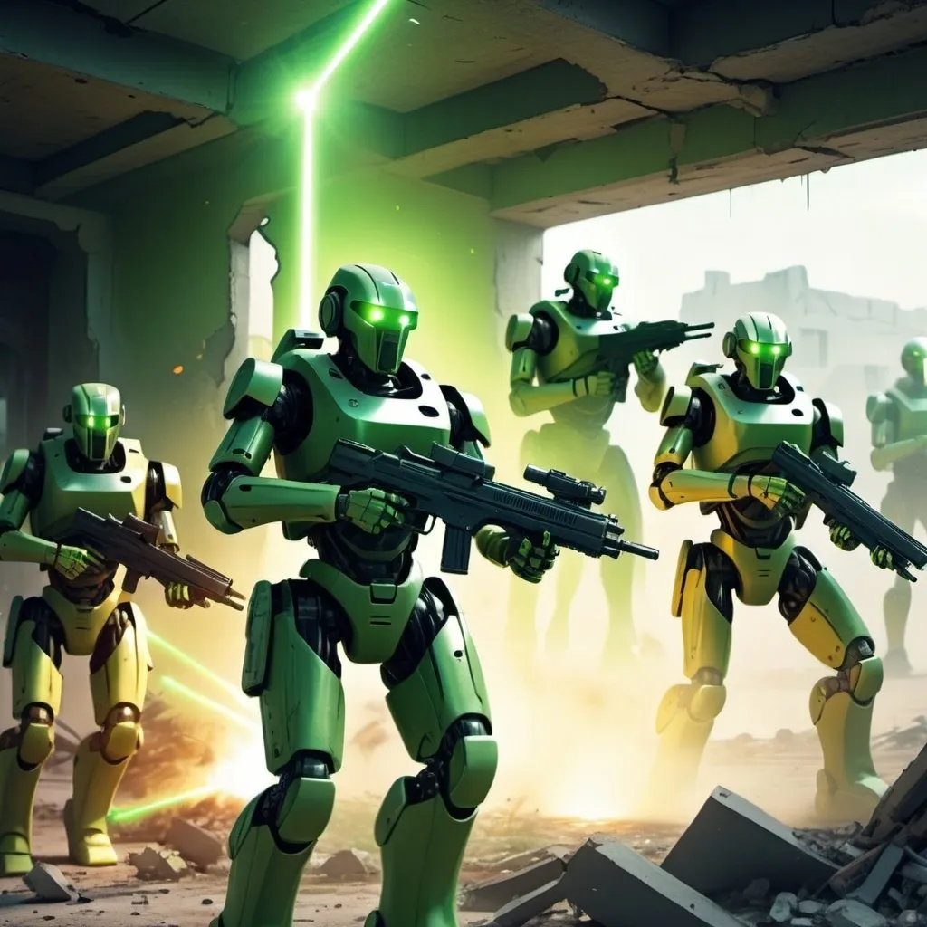 Prompt: A platoon of robotic soldiers is advancing trough a futuristic ruined town, relentless, green 
yellowish energy aura, they're armed with a laser rifle, they're shooting at the enemy, supernatural, deadly, highly detailed, 4k resolution, masterpiece, 3d modelling,  futuristic battlefield scenario,digital art, comic illustration art, 1980s 