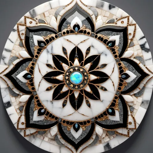 Prompt: 193^(3),a plain surface of stone,((polished stone)), realistic,(( white marble stone)),((black venatures)),((light grey sfumatures)),(( realistic colour)) natural design. Incastonated in the center of the stone there is a mosaic that is a ((mandala)) made of quartz, opal and topaz. The mandala figure originates from a eight pointed star and has a fractal design.photographic,ultra high resolution,hyperdetailed, masterpiece, 3d modelling.