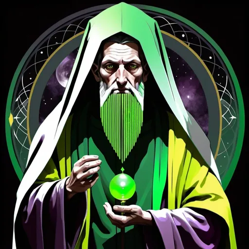 Prompt: The Hermit, dressed in green yellowish,state grey,green gray and plum colour, intelligence of will, the Prophet of Eternal, the Magus of the Voice of Power, Virgo, Caza art, digital art