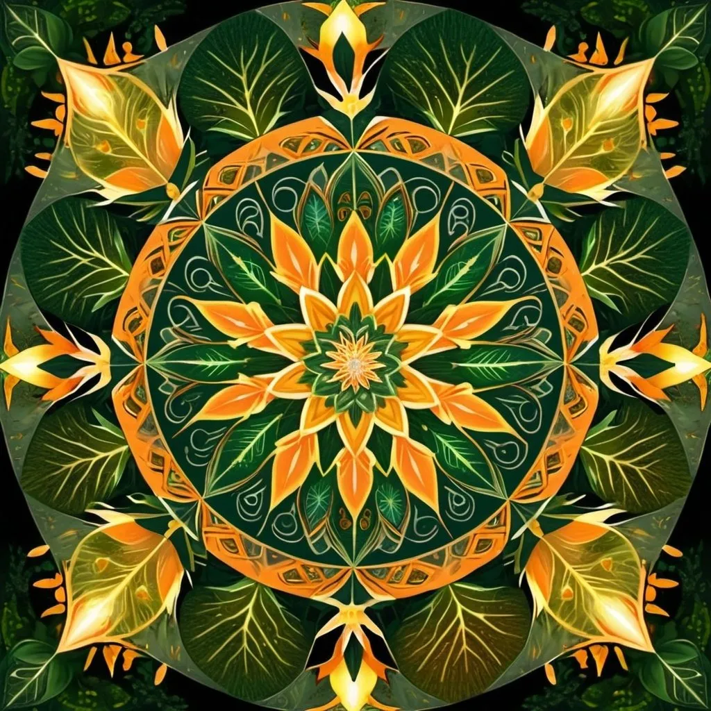 Prompt: A beautiful mandala that is starting from a eight pointed star in the center, growing in forest green leaves and orange flecked with yellow light, like the crown of a tree, shining bright, growing in symmetrical designs and arabesques, adorned with flowers, digital art, masterpiece, highly detailed, 4k resolution, abstract art, oriental art, digital art, photographic