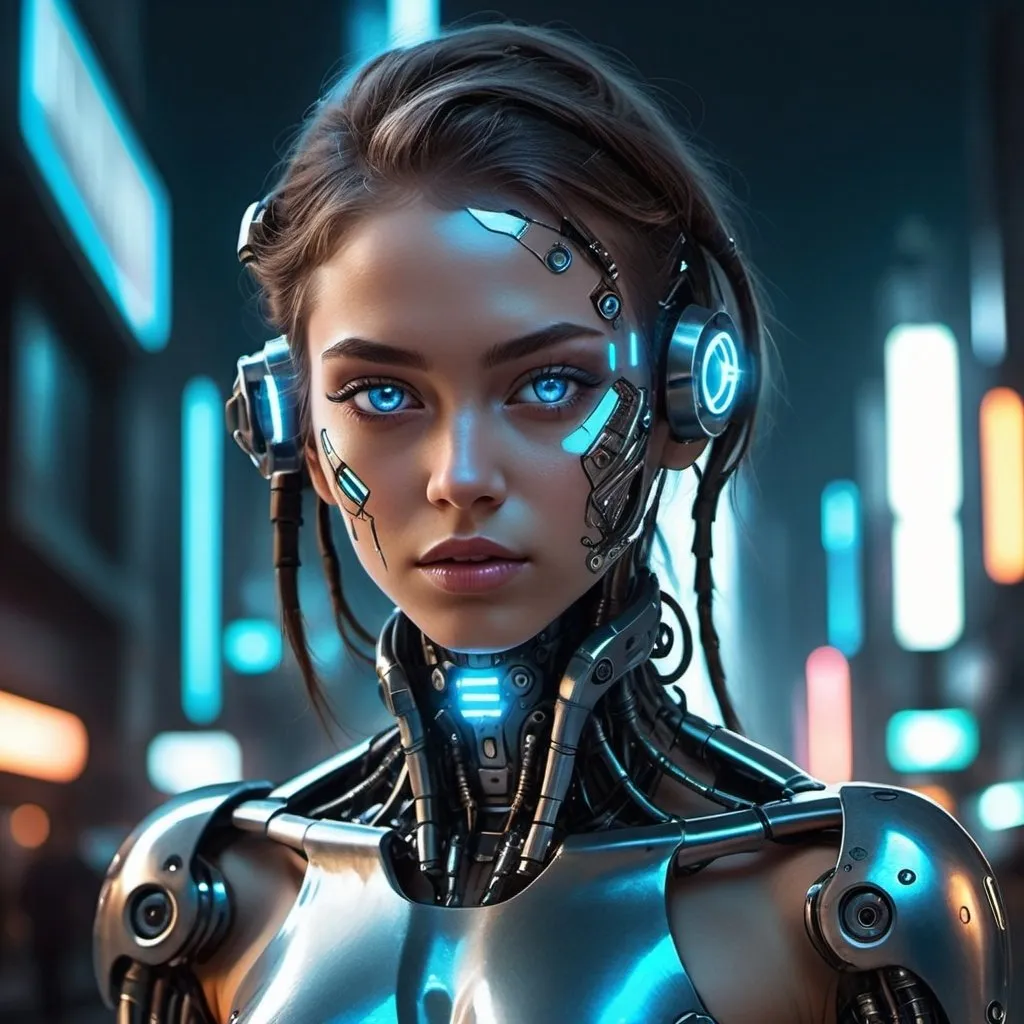 Prompt: "Cyborg girl with metallic features, glowing blue eyes, and futuristic attire, in a dystopian cityscape at night. Add a sense of mystery and intrigue with a dark color palette, neon lights, and cyberpunk elements. Emphasize the contrast between technology and humanity, blending organic and mechanical elements seamlessly. Capture the essence of a cybernetic world with detailed textures, intricate circuitry, and reflections on the metallic surfaces. Aim for a high-quality and visually captivating illustration that showcases the futuristic cyborg concept."