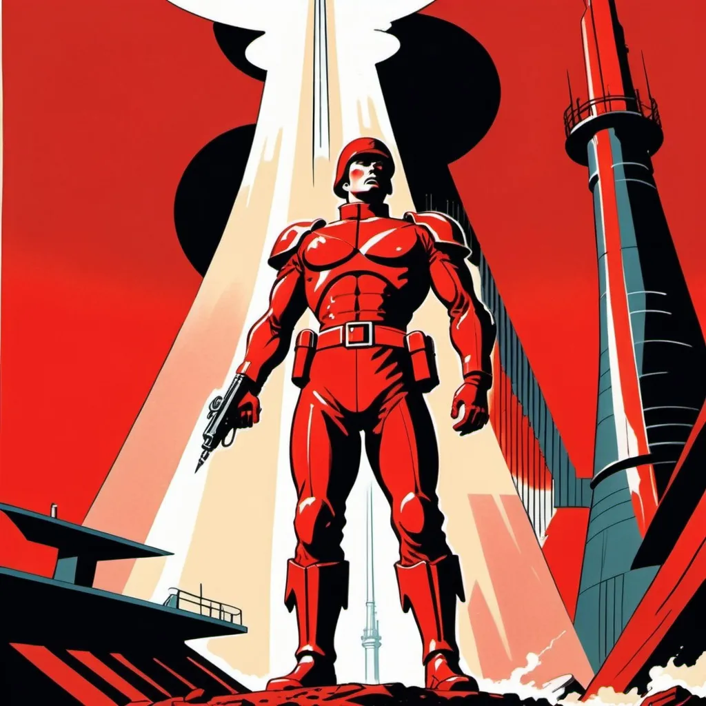 Prompt: Silk screen comic book illustration, A male human figure of a futuristic soldier is standing in front of a tower striked by a bolt of energy, dressed in scarlet and vermillion, detailed, 1960s retro futurism