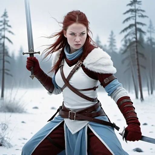Prompt: A winter warrior is fighting armed with a sword, battles in the north,icy creature, warrior, finnish, command with power, white, dark red and pale blue ,female, sweet, three quarter wiew, digital art