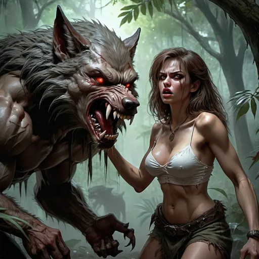 Prompt: A  woman who is forcing a werewolf into submission, predatorial eyes, devourer, very beautiful, highly detailed, 4k resolution, masterpiece,jungle scenario, Royo art,digital art




