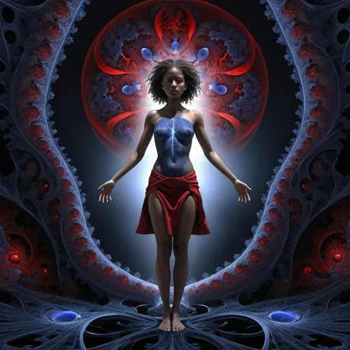 Prompt:  a young lady,displaying her own power. ((resurrection,unnatural, parasite of life,cold,soulles)),((black,indigo,red)),(( Full figure wiew)). ((Three quarter wiew)).((fractal)),((deep wiew)),modern suburbs scenario background,photographic,ultra high resolution,hyperdetailed, masterpiece, 3d modelling, digital art.