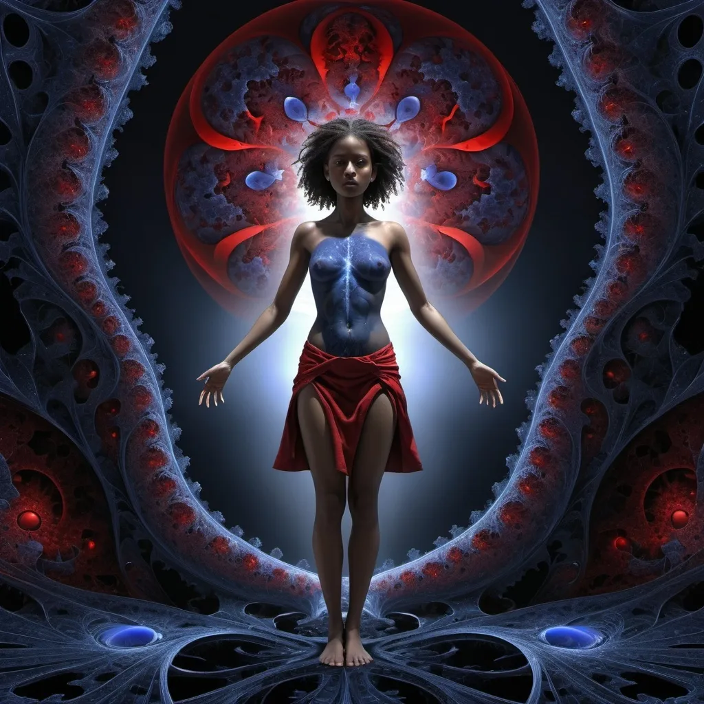 Prompt:  a young lady,displaying her own power. ((resurrection,unnatural, parasite of life,cold,soulles)),((black,indigo,red)),(( Full figure wiew)). ((Three quarter wiew)).((fractal)),((deep wiew)),modern suburbs scenario background,photographic,ultra high resolution,hyperdetailed, masterpiece, 3d modelling, digital art.