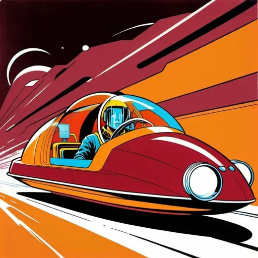 Prompt: Silk screen comic book illustration, a man dressed in amber and maroon who is driving a futuristic hovercar,science fiction background, 1960s retro futurism