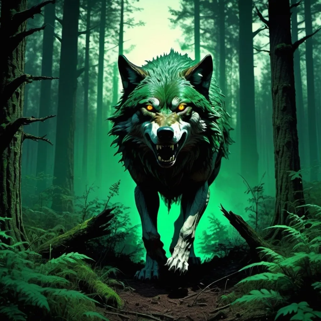 Prompt: A  big bad wolf is coming out from the forest, relentless,dark green energy aura,wild, supernatural,highly detailed, 4k resolution, masterpiece,forest scenario,digital art, Druillet art, 1980s 