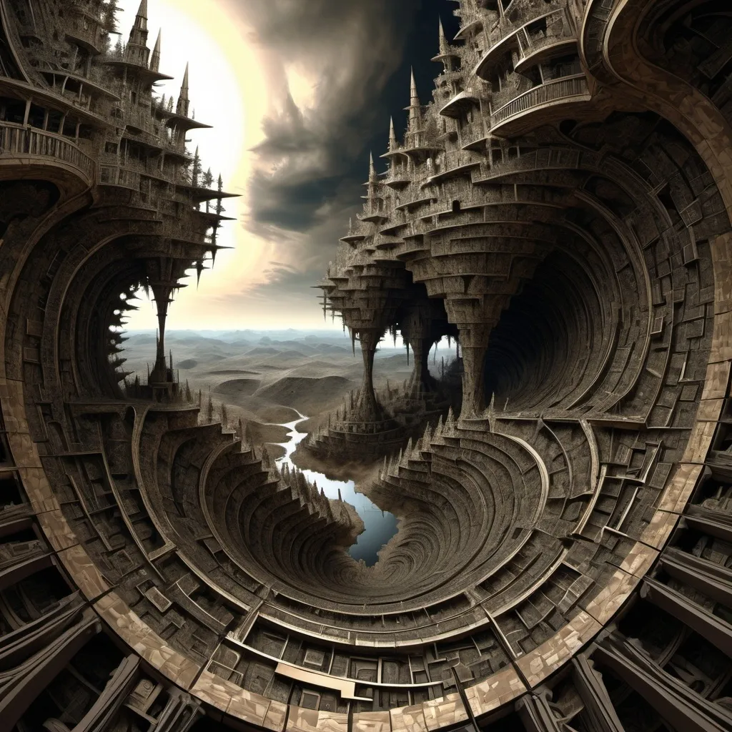 Prompt: Born between chaos and hatred, a lottery of fate.We sit on the brink of extinction.The world lies in wait.((landscape)),((fractal)),((deep wiew)),photographic,ultra high resolution,hyperdetailed, masterpiece, 3d modelling, digital art,cubist art. 