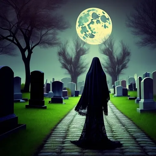 Prompt: A beautiful woman is walking in the middle of a cemetery, she's offering her hand, she's looking like a ghost,she has the head veiled with a black veil, shining bright, dressed in black with symmetrical designs and arabesques, adorned with pale green lights, fullmoon night scenario,masterpiece, highly detailed, 3d modelling, 4k resolution, abstract art, digital art, photographic