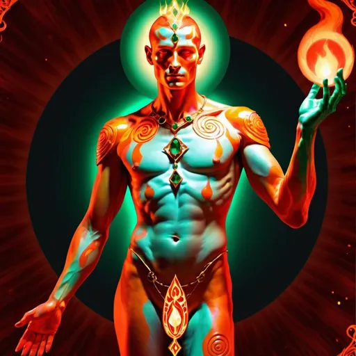 Prompt:  A male human figure who personifying the tarot of the Judgement, dressed in glowing orange scarlet, vermillion, scarlet flecked gold and vermillion flecked gold and emerald, perpetual intelligence, The Spirit of the Primal Fire, Fire, Caza art, digital art
