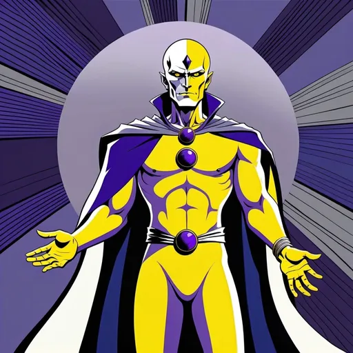Prompt: A male human figure who personifying the Magus of Power, in  yellow, purple, gray and indigo rayed violet, digital art dramatic, graphic novel illustration,  2d shaded retro comic book