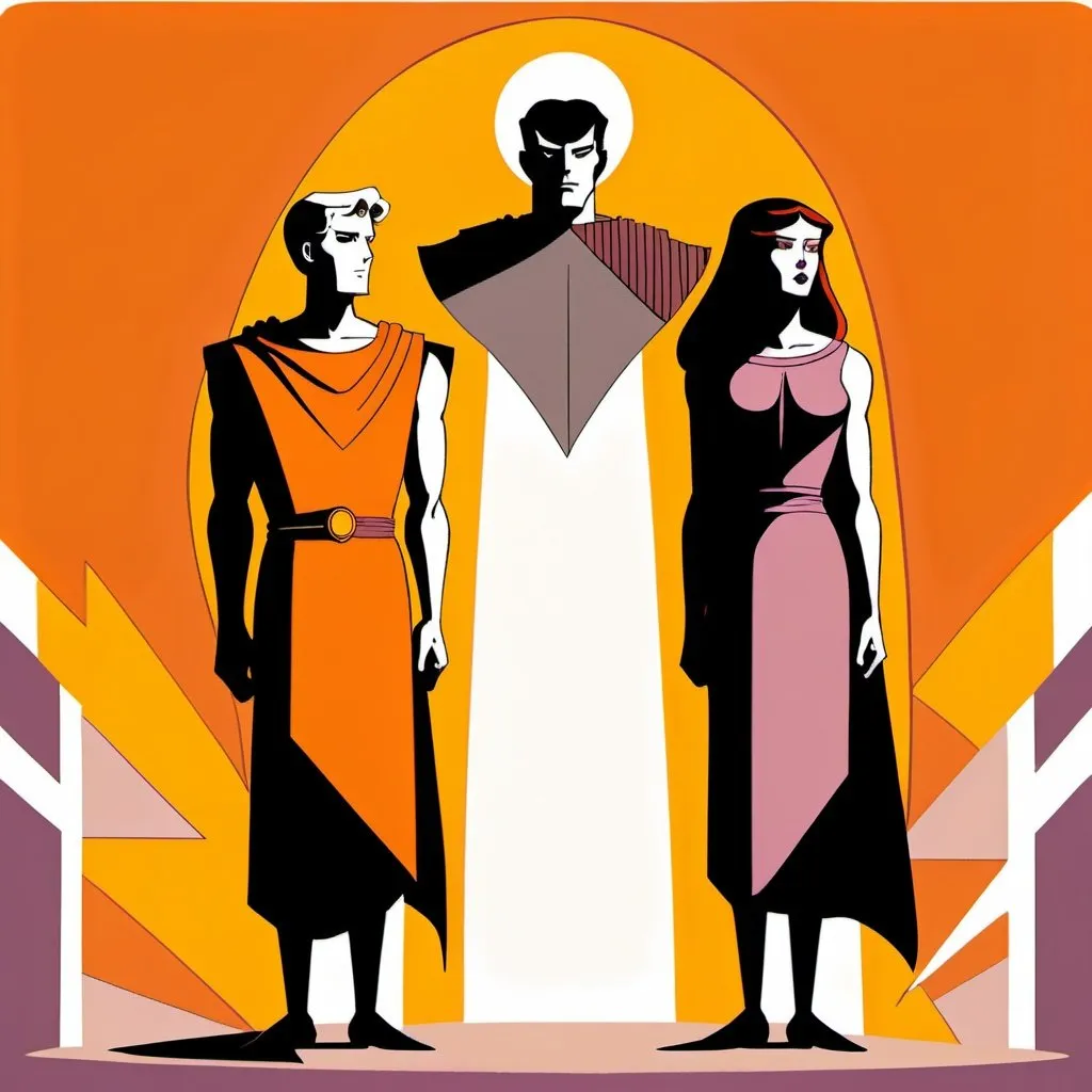 Prompt:  Two human figures, one male and one female whom personifying the Oracle of the Mighty Gods, in orange, pale mauve, new yellow leather and reddish grey inclined to mauve, dramatic, graphic novel illustration,  2d shaded retro comic book