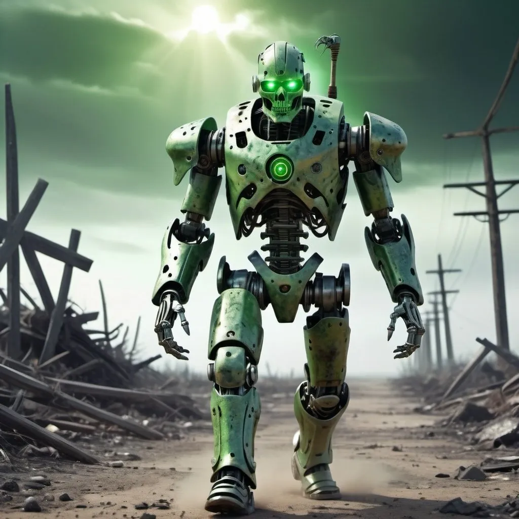 Prompt: A robotic undead warrior is walking ahead, relentless,green energy aura,the end complete, supernatural,highly detailed, 4k resolution, masterpiece,wasteland scenario,digital art

