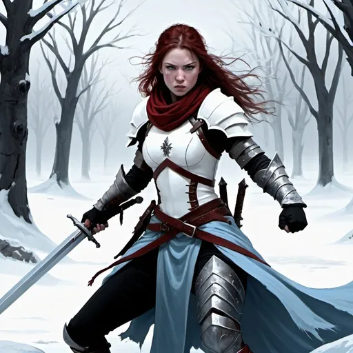 Prompt: A winter warrior is fighting armed with a sword, battles in the north,icy creature, warrior, command with power, white, dark red and pale blue ,female, sweet, three quarter wiew, digital art