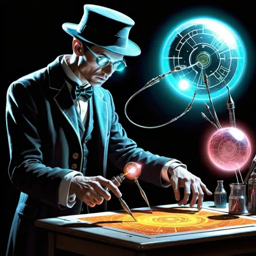 Prompt:  A technological magician who is displaying his art using his tools, digital art, science-fiction, pulp style