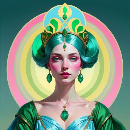 Prompt: The Empress, dressed in sky blue, emerald green, early spring green and bright rose of cerise rayed pale yellow, Illuminating intelligence, the Daughter of the Mighty Ones, Venus, Caza art, digital art