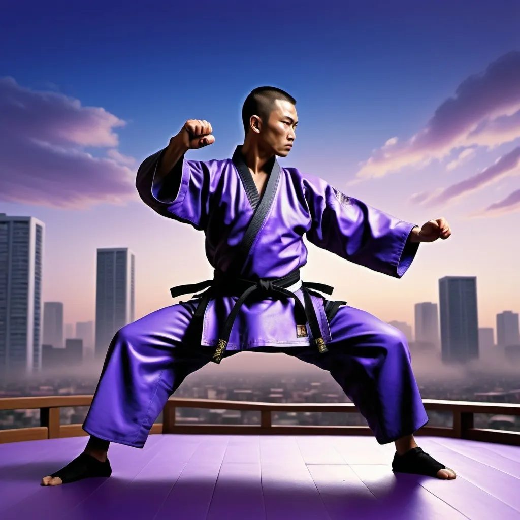 Prompt: a master of martial arts,displaying his own skills. ((changing, knowledge, defiance, plotting, foreseeing)),((violet,blue,purple)),(( Full figure wiew)). ((Three quarter wiew)),((deep wiew)),modern suburbs scenario background,photographic,ultra high resolution,hyperdetailed, masterpiece, 3d modelling, digital art.