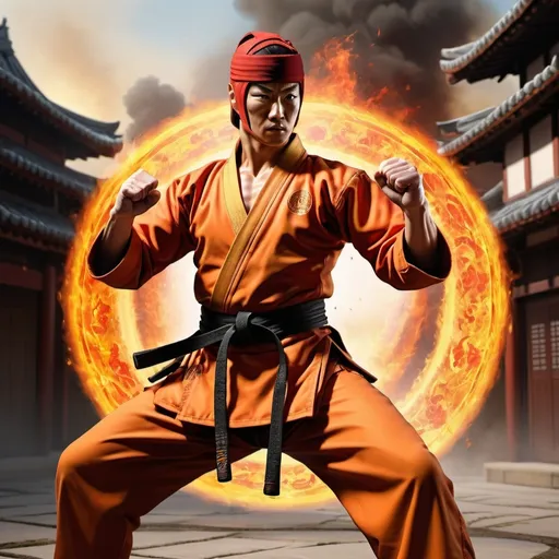 Prompt:  a master of martial arts,displaying his own skills.((order, law,control,prime power,commander)),((red,gold,light yellow,fire orange)),(( Full figure wiew)). ((Three quarter wiew)),((deep wiew)),modern suburbs scenario background,photographic,ultra high resolution,hyperdetailed, masterpiece, 3d modelling, digital art.