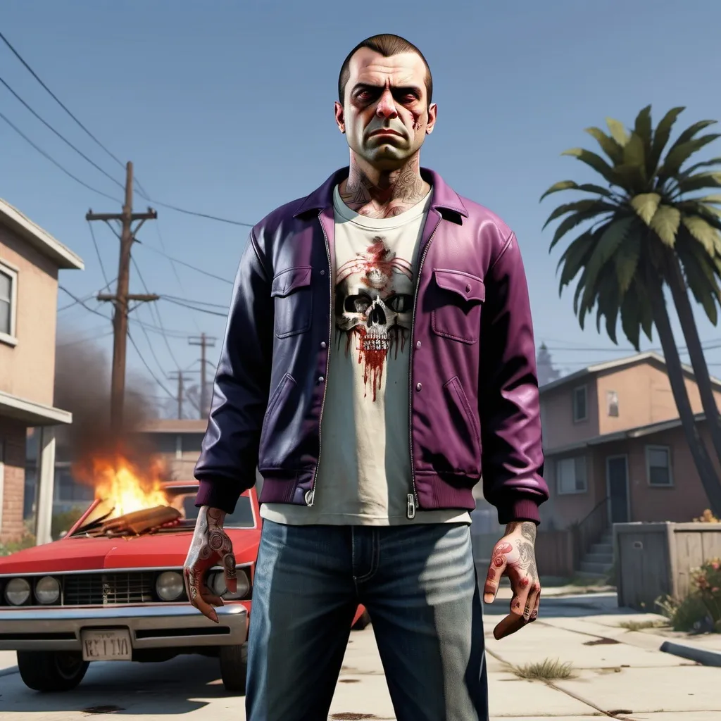 Prompt: the God of the undead as a young criminal from GTA V,displaying his own power. ((resurrection,unnatural, parasite of life,cold,soulles)),((black,indigo,red)),(( Full figure wiew)). ((Three quarter wiew)).((deep wiew)),modern suburbs scenario background,photographic,ultra high resolution,hyperdetailed, masterpiece, 3d modelling, digital art.