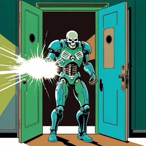 Prompt: Silk screen comic book illustration, A cyborg with a skull head is coming out from a door and firing with an energy weapon, dressed in green blue and dull brown, 1960s retro futurism