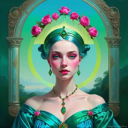 Prompt: The Empress, dressed in sky blue, emerald green, early spring green and bright rose of cerise rayed pale yellow, Illuminating intelligence, the Daughter of the Mighty Ones, Venus, Caza art, digital art